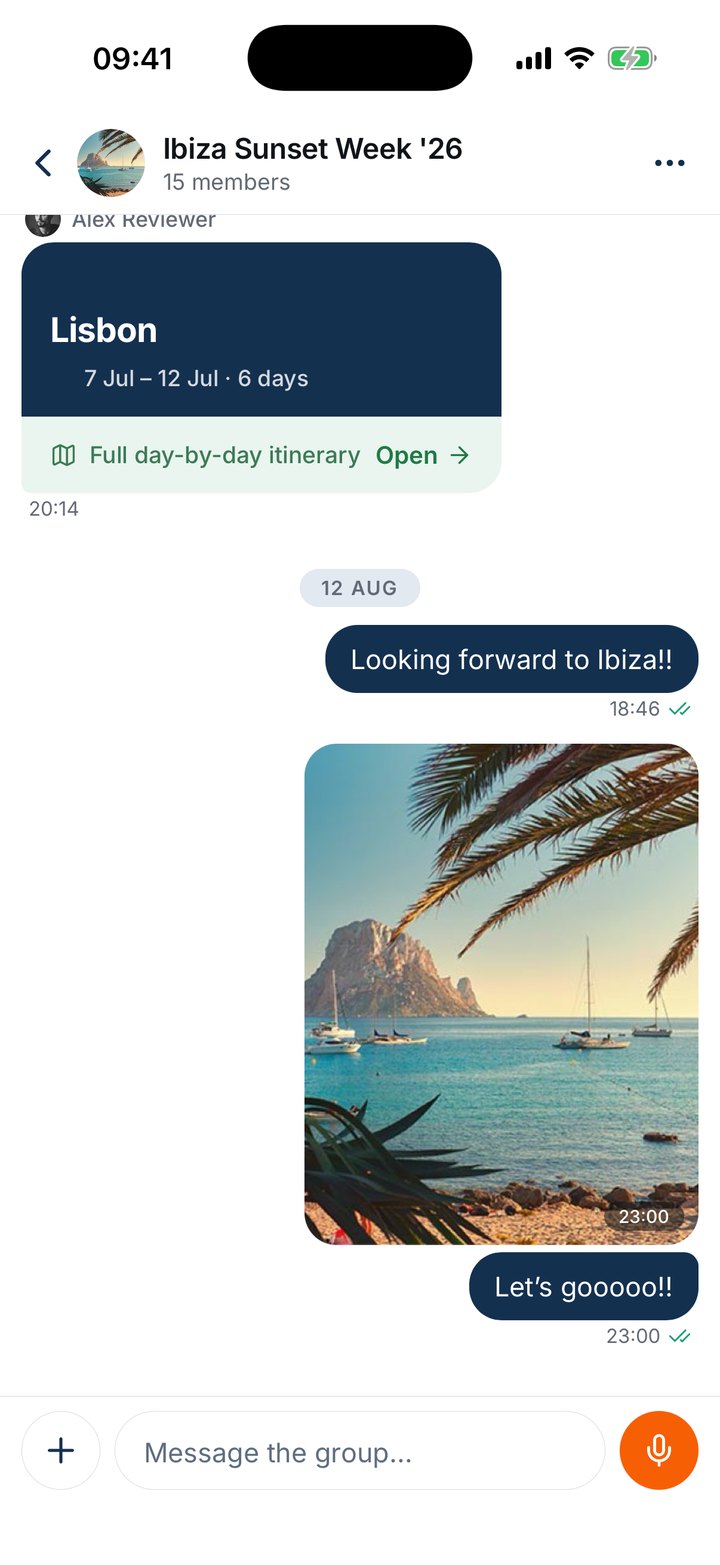 The tour group chat in the app, fifteen members