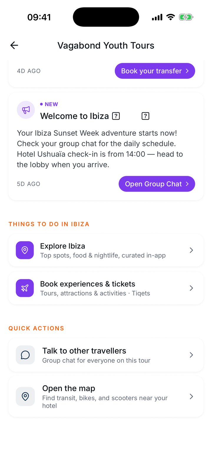 The tour hub in the app: dates, travellers, the hotel, announcements