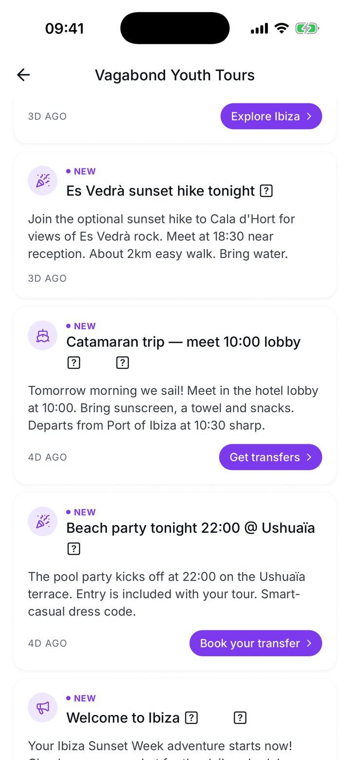 Announcements in the app: schedule, sunset hike, catamaran, with buttons