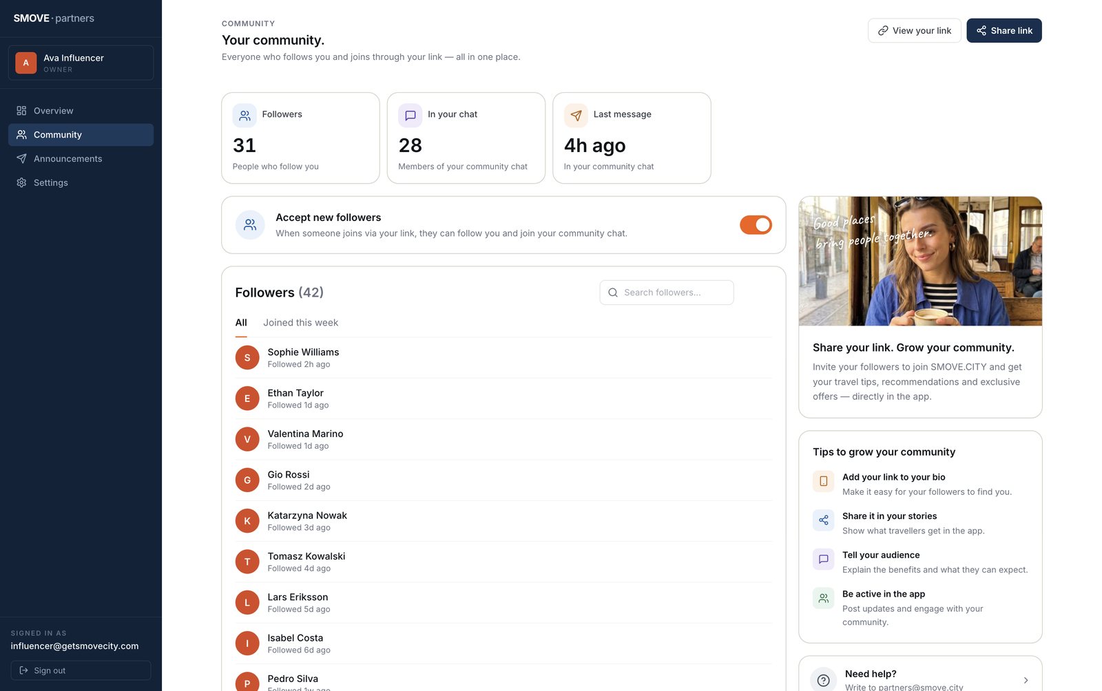 Community: followers, chat members, and the accept-followers switch