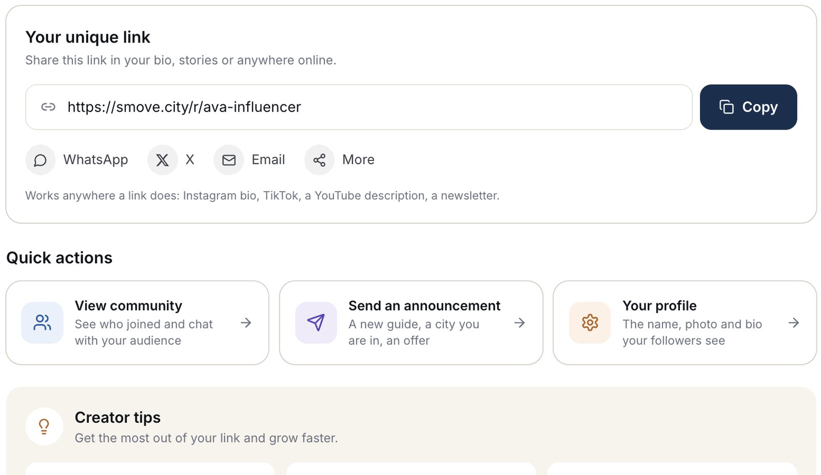 Your unique link with copy and share buttons, and the quick actions