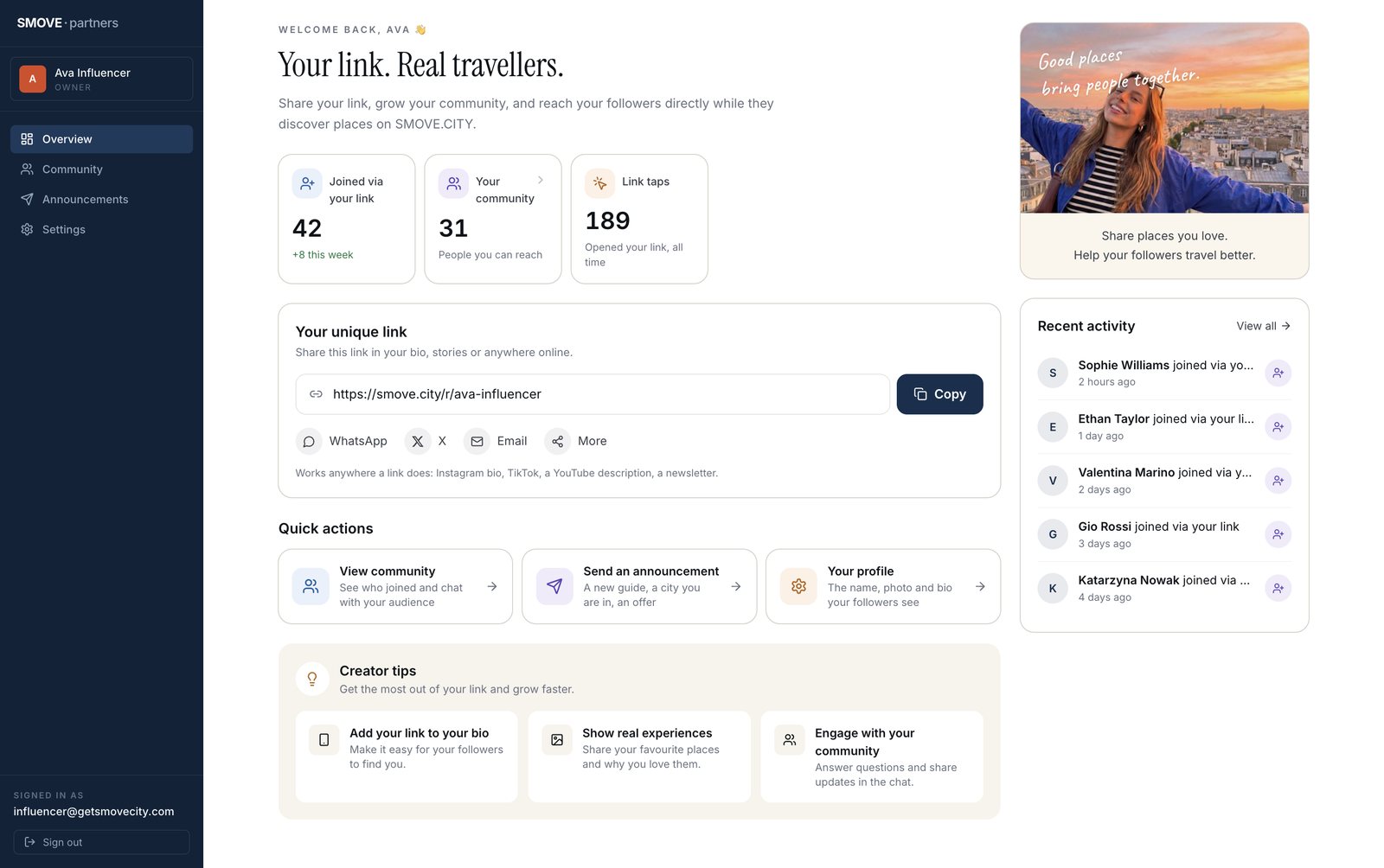 The creator dashboard: joined via your link, your community, link taps, your unique link and share buttons