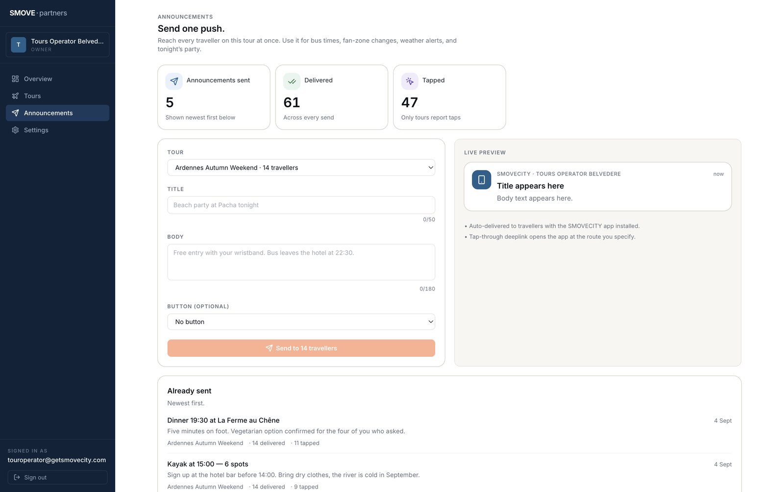 Announcements: compose a push and see how many received and tapped it
