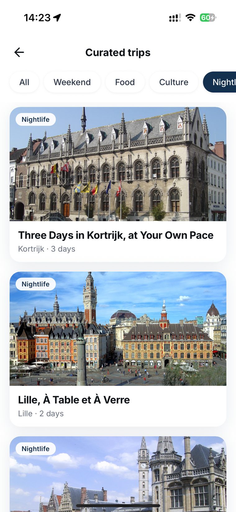 Curated city itineraries filtered by weekend, food, culture and nightlife
