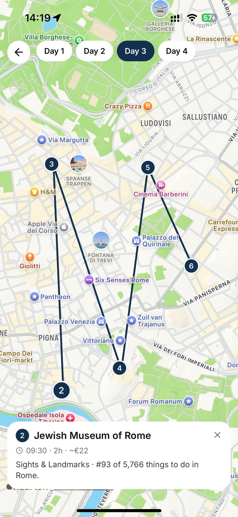 The day's stops drawn in order on a map