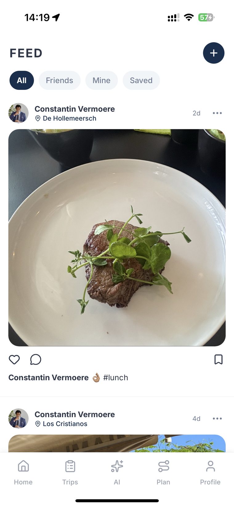 The SMOVECITY feed showing friends' trip photos with comments