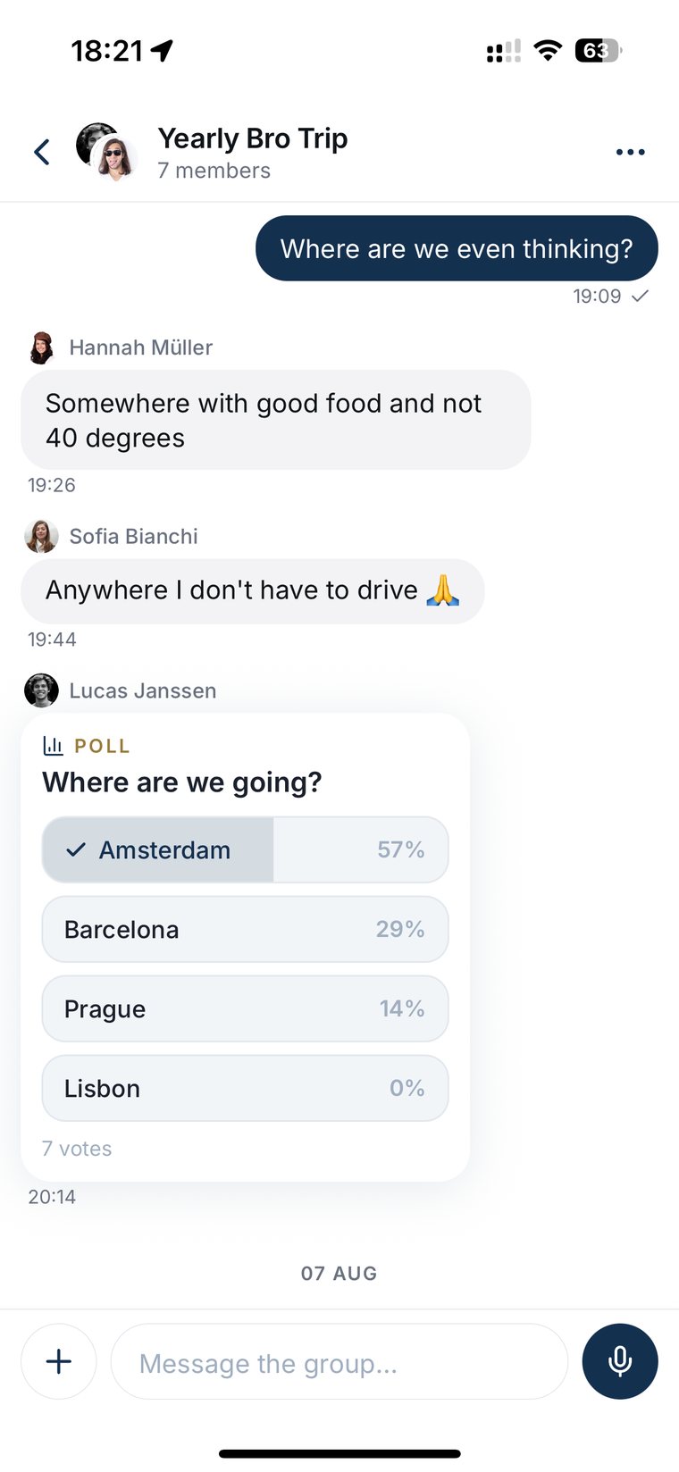 A SMOVECITY group chat where friends vote on where to go — Amsterdam wins