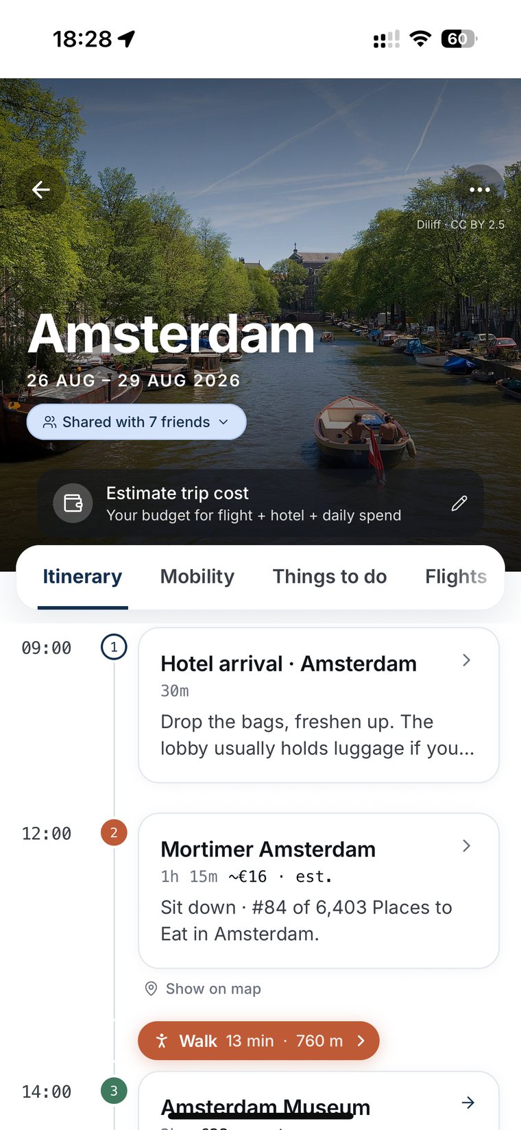 The Amsterdam itinerary that resulted, with airport pickup, eSIM and a timed day route