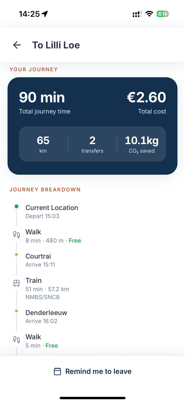 A door-to-door public transport journey with time, cost and CO2