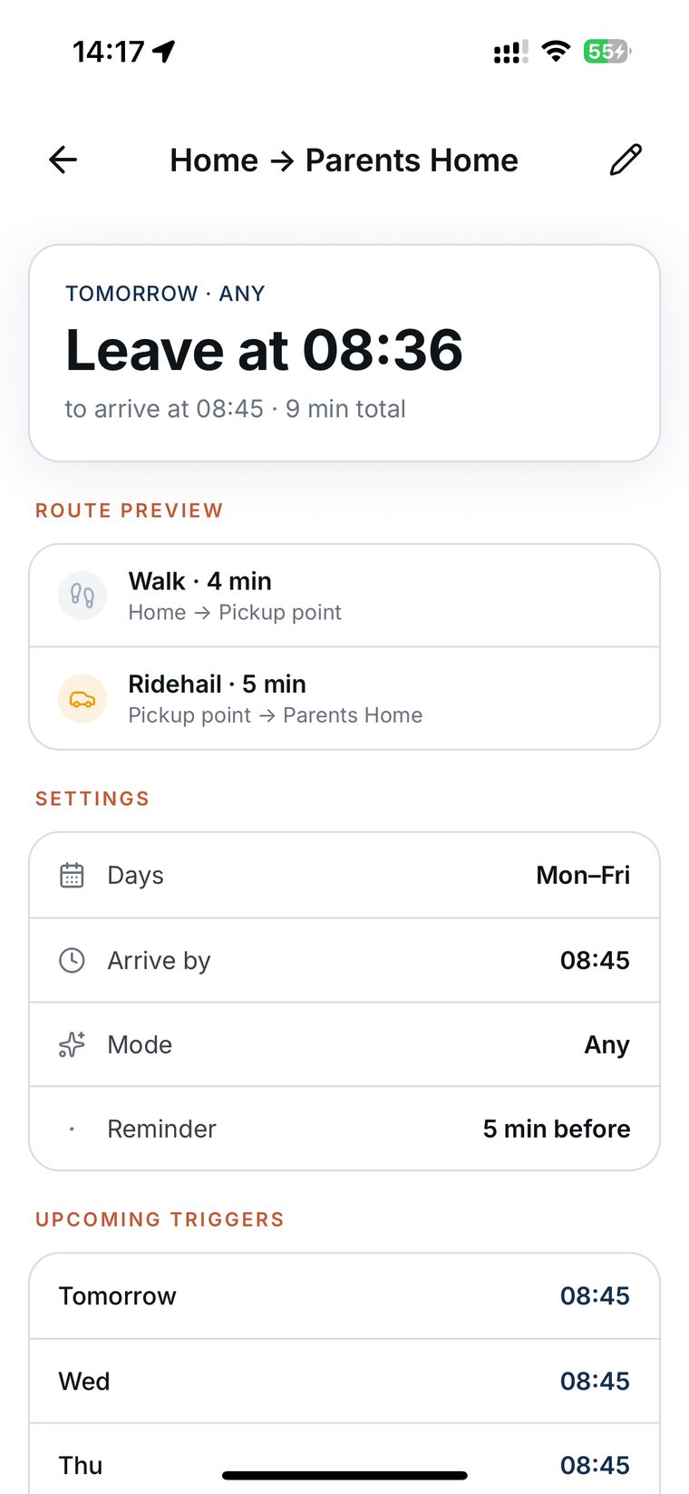 A saved routine telling the traveller when to leave for a regular journey