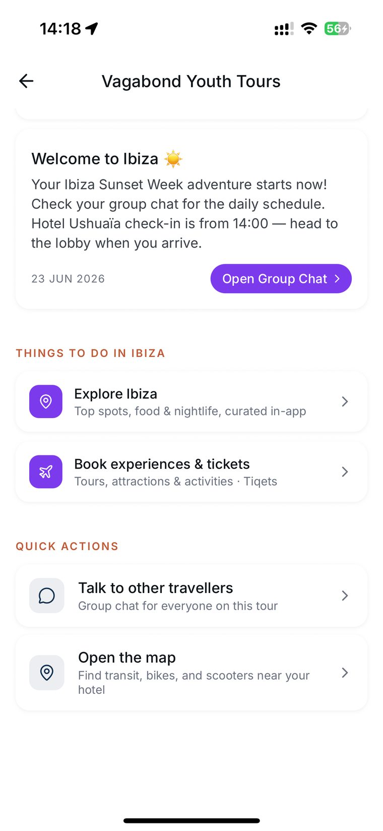 The tour hub with group chat, bookable experiences and the map