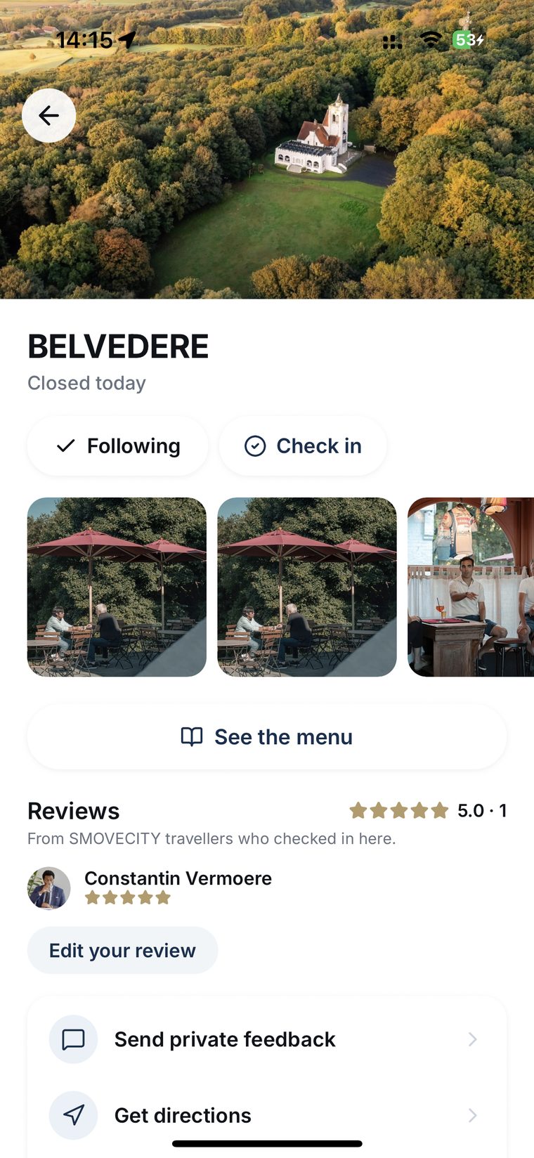 The Belvedere venue page in SMOVECITY with photos, reviews, menu and check-in
