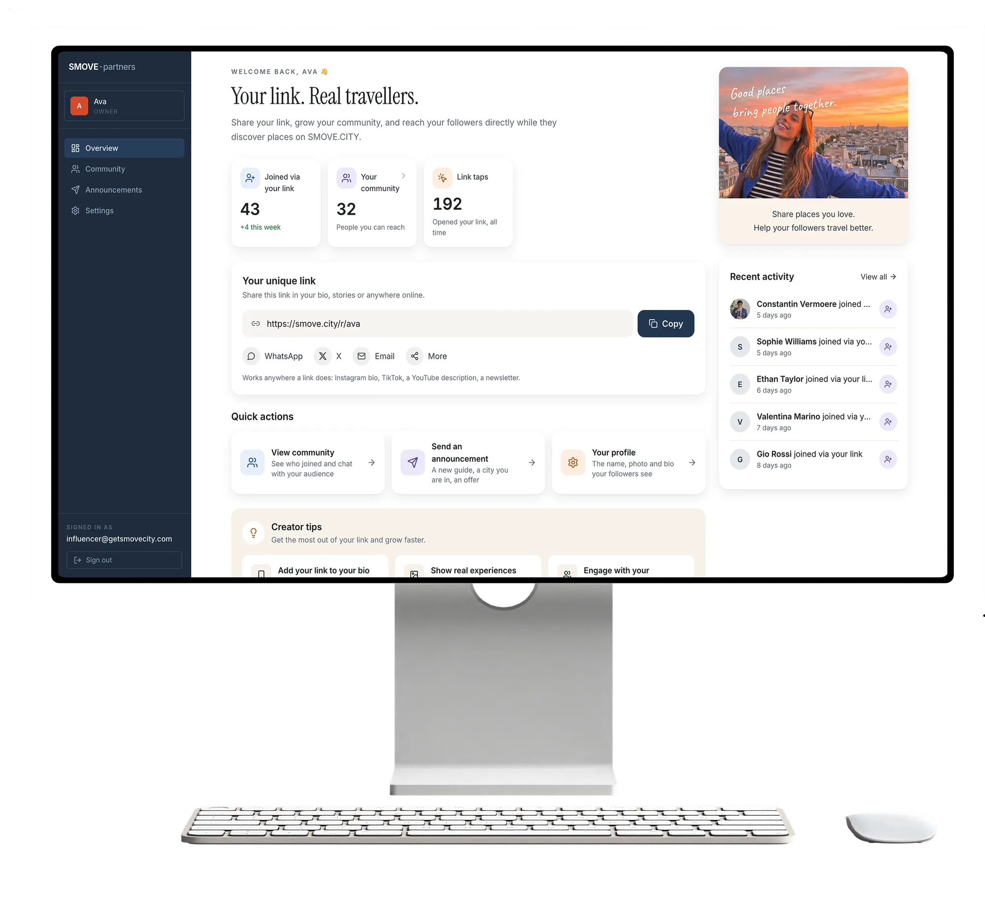 Het creatordashboard op een iMac: één link, wie er via binnenkwam, en recente aanmeldingen