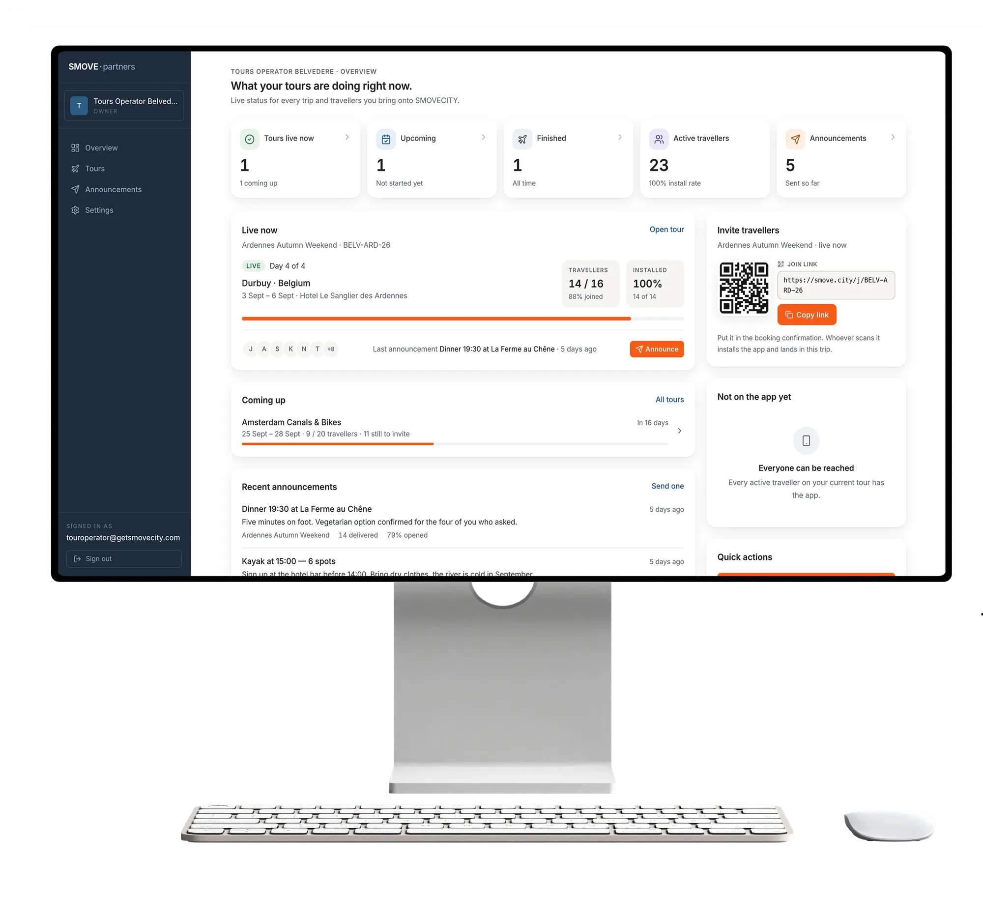 Das Veranstalter-Dashboard auf einem iMac: die gerade laufende Reise, wer beigetreten ist, wer installiert hat, die letzte Ankündigung
