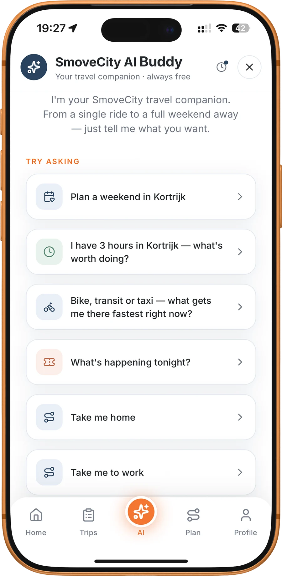 The AI Buddy with suggested questions: plan a weekend, three hours in the city, fastest way there, what is happening tonight