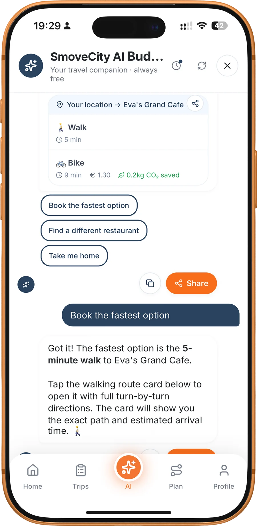 Route options from your location: walk 5 min or bike 9 min