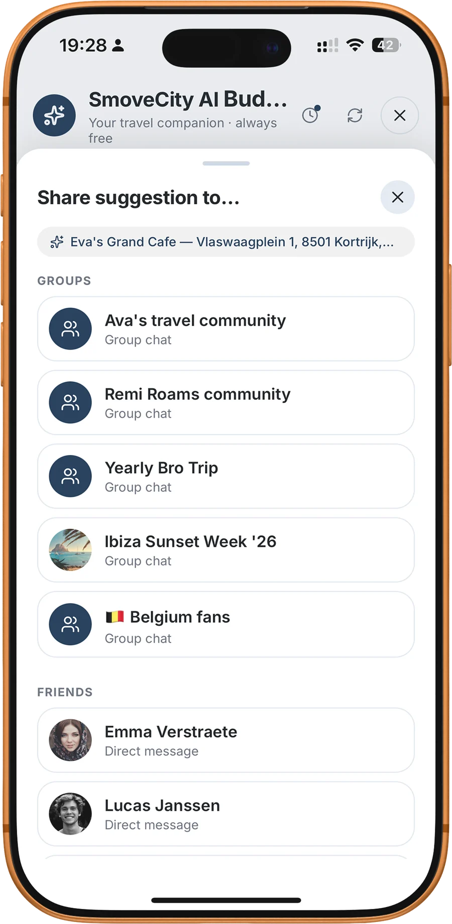 Share suggestion to a group chat or a friend