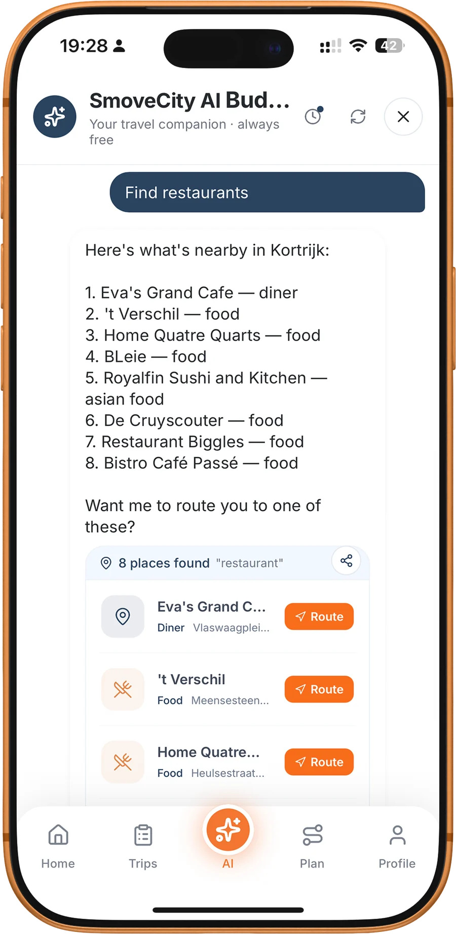 Find restaurants: eight places found in Kortrijk, each with a Route button