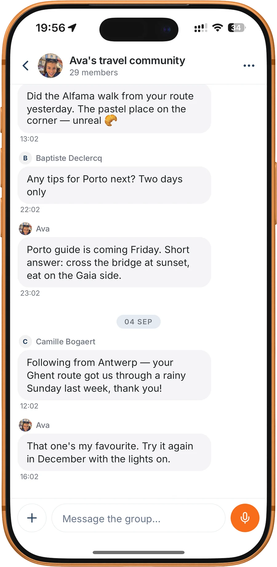 De reiscommunitychat van een creator met 29 leden