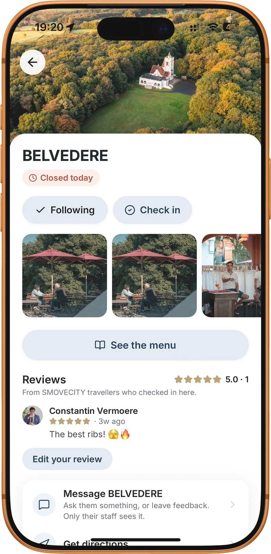 The Belvedere venue page: closed today, follow, check in, photos, menu, reviews