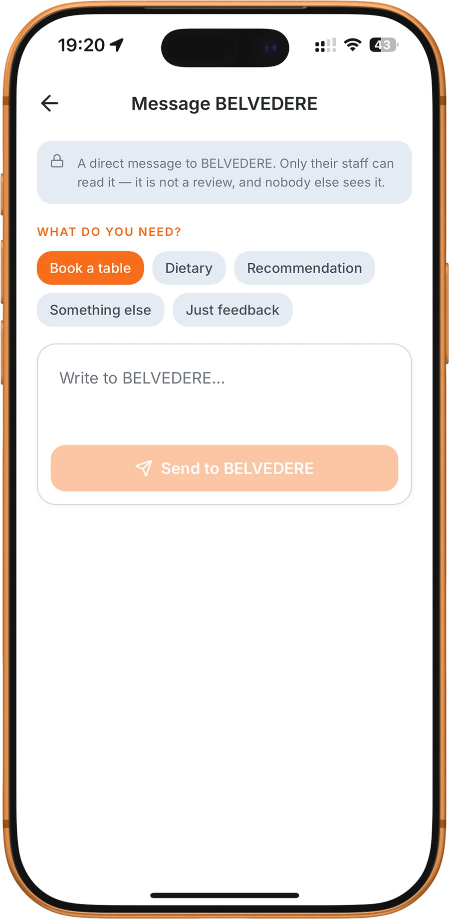 Message Belvedere: book a table, dietary, recommendation, just feedback