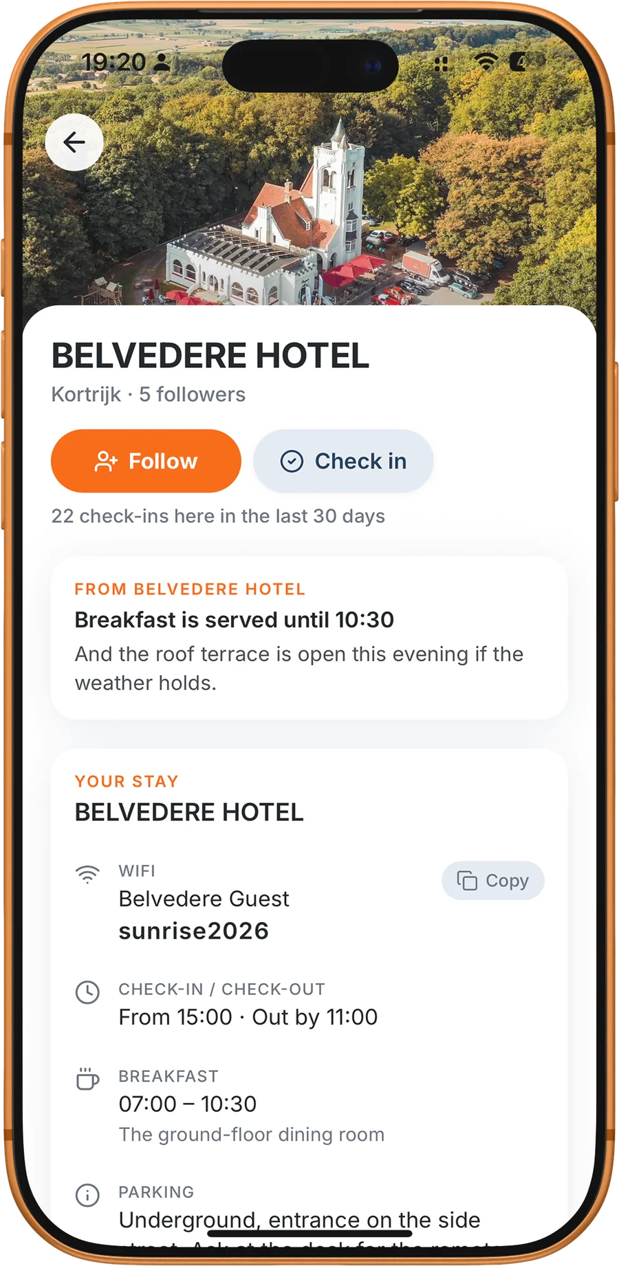 Belvedere Hotel: breakfast announcement, your stay with WiFi and check-in times