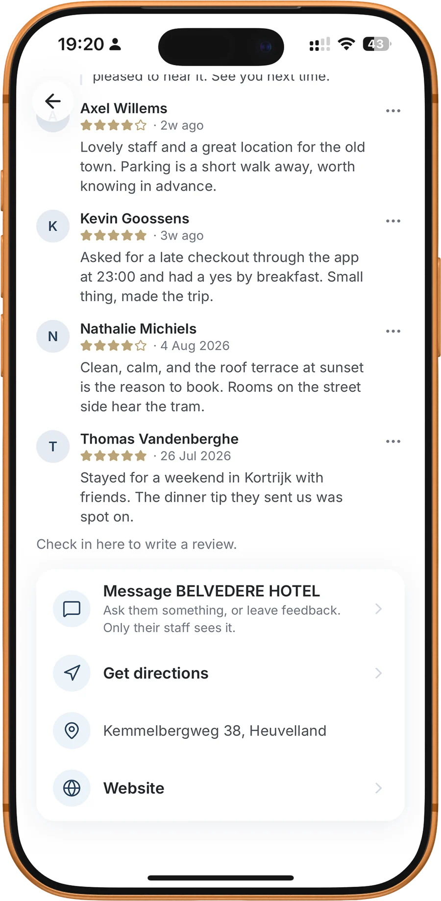 Reviews from checked-in travellers, message the hotel, get directions, website
