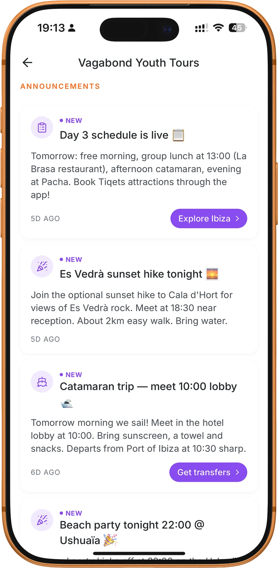 Announcements: day 3 schedule, sunset hike, catamaran trip