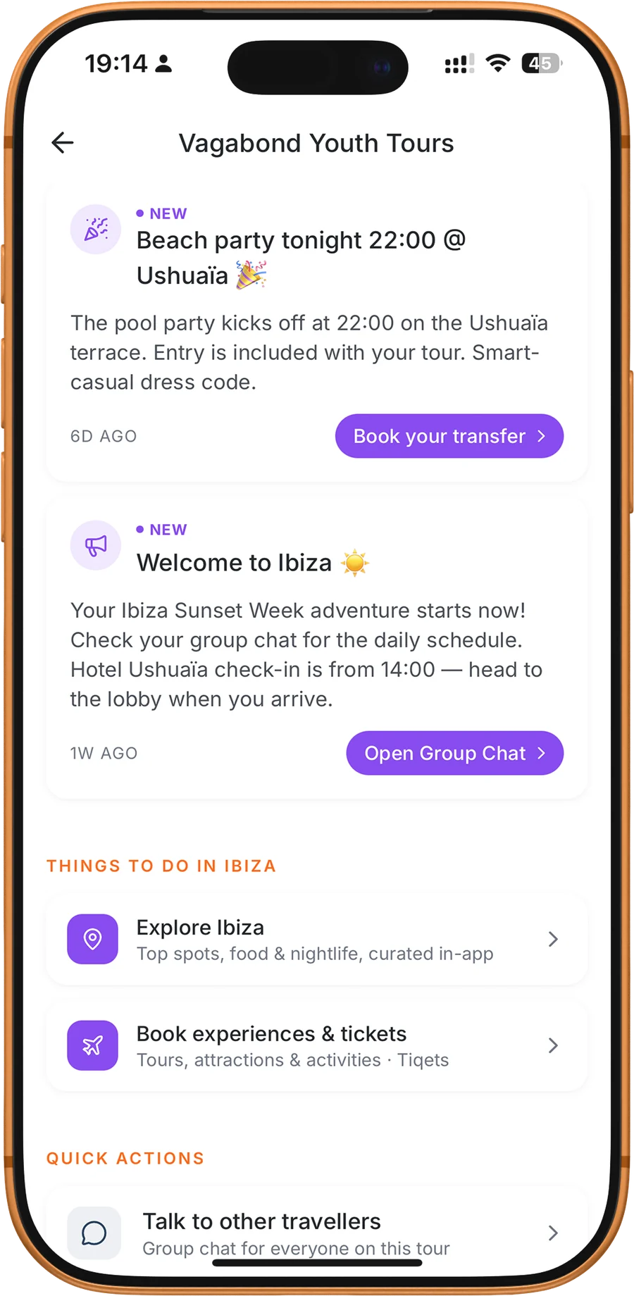 Announcements with Book your transfer and Open group chat buttons