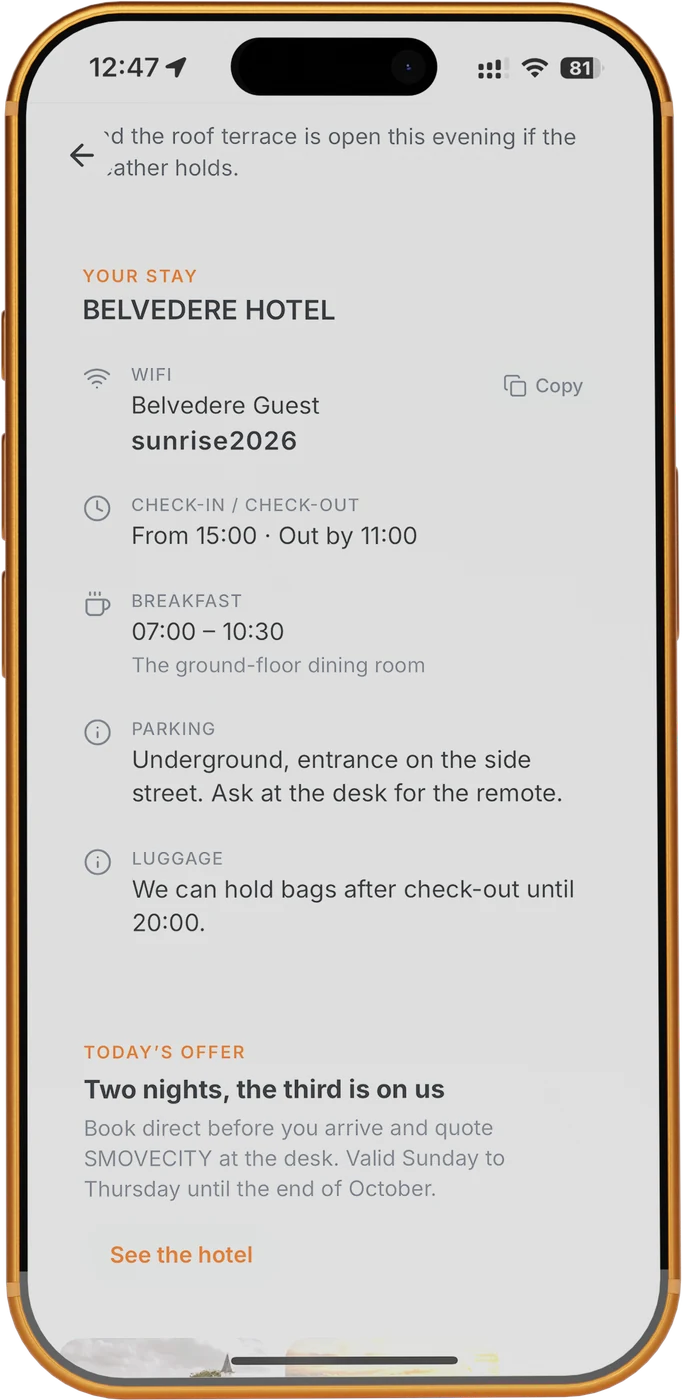 A página da estadia na app: Wi-Fi e palavra-passe, check-in e check-out, horários do pequeno-almoço e estacionamento