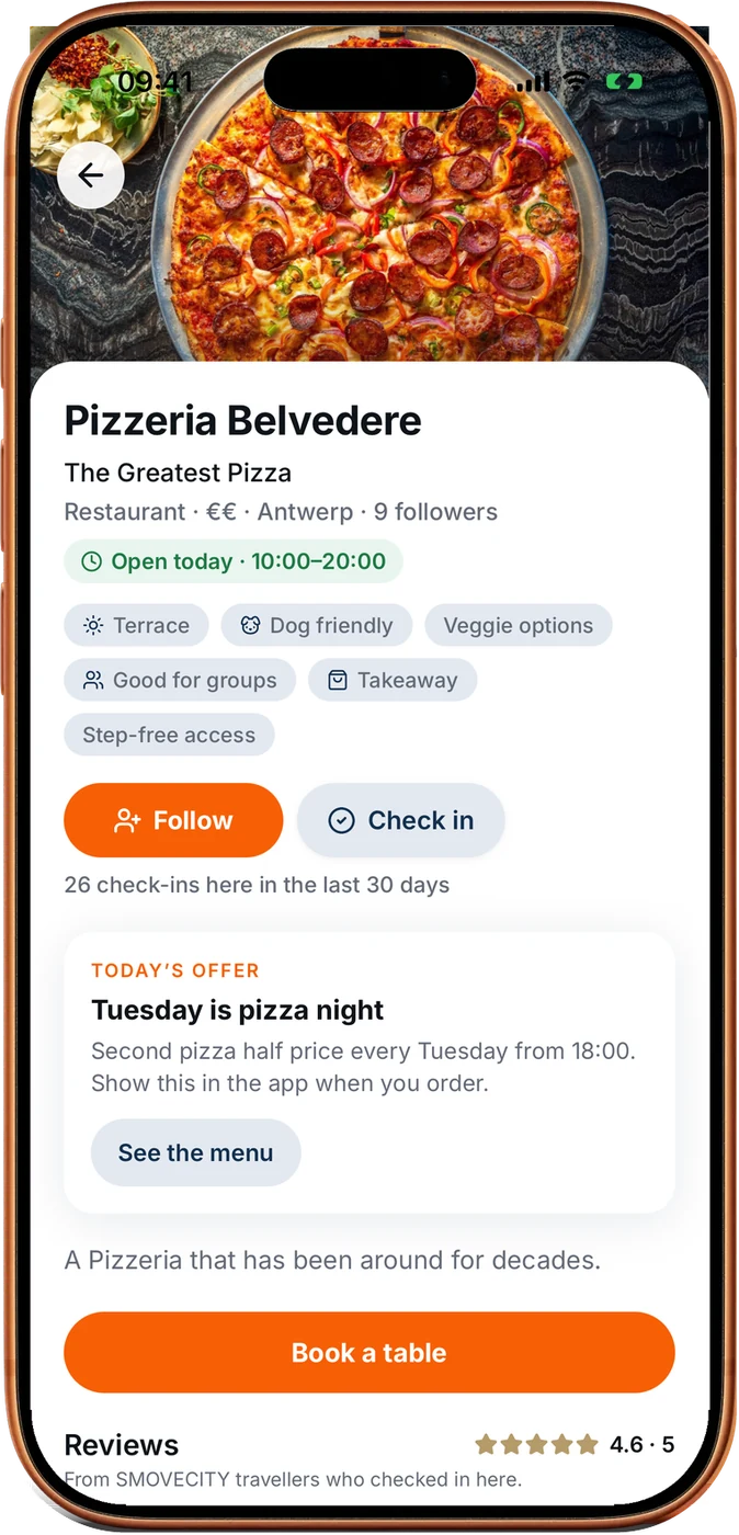 La ficha de una pizzería en la app: fotos, horarios y la oferta del día