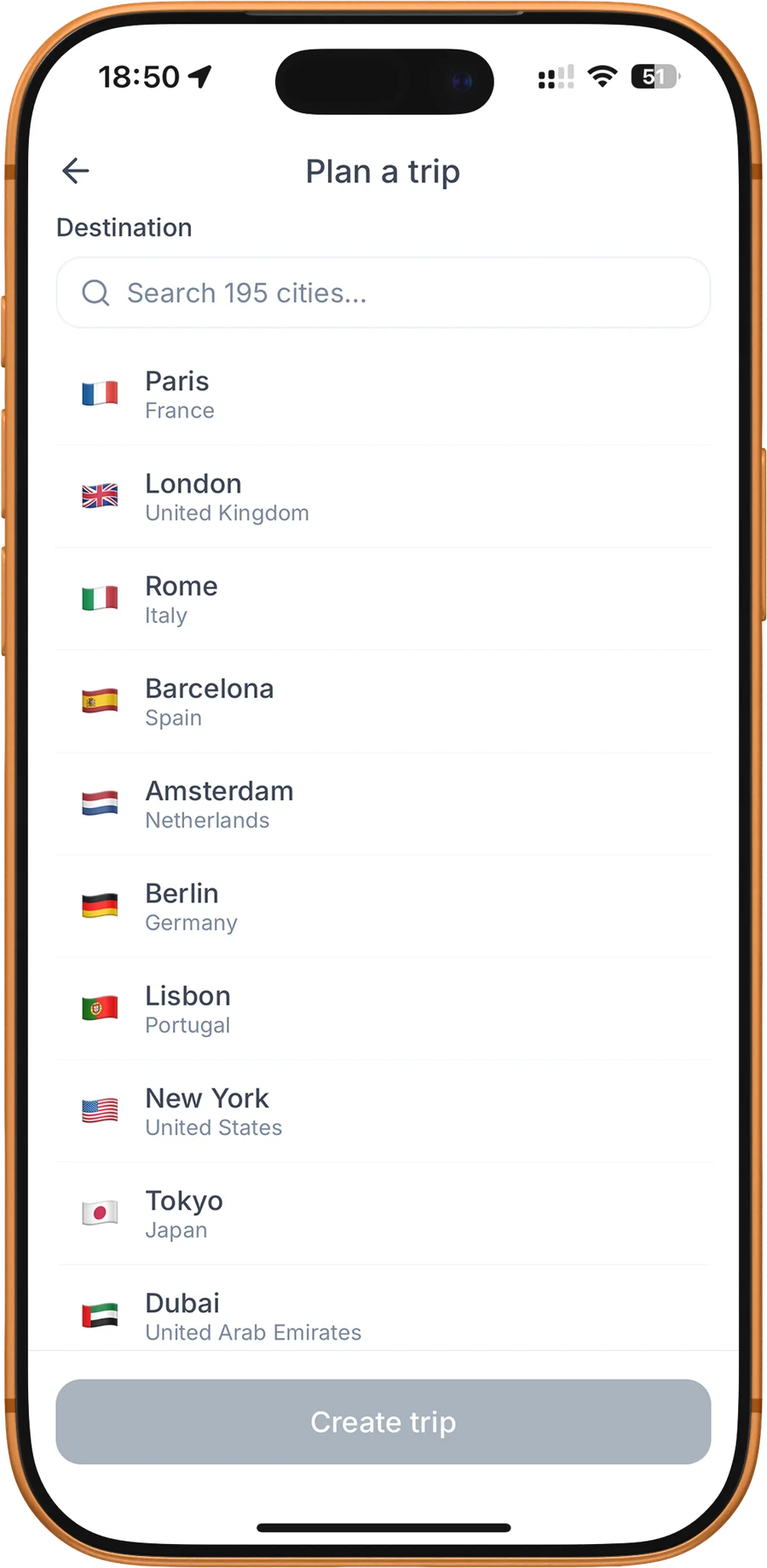 The Plan a trip screen with the city picker