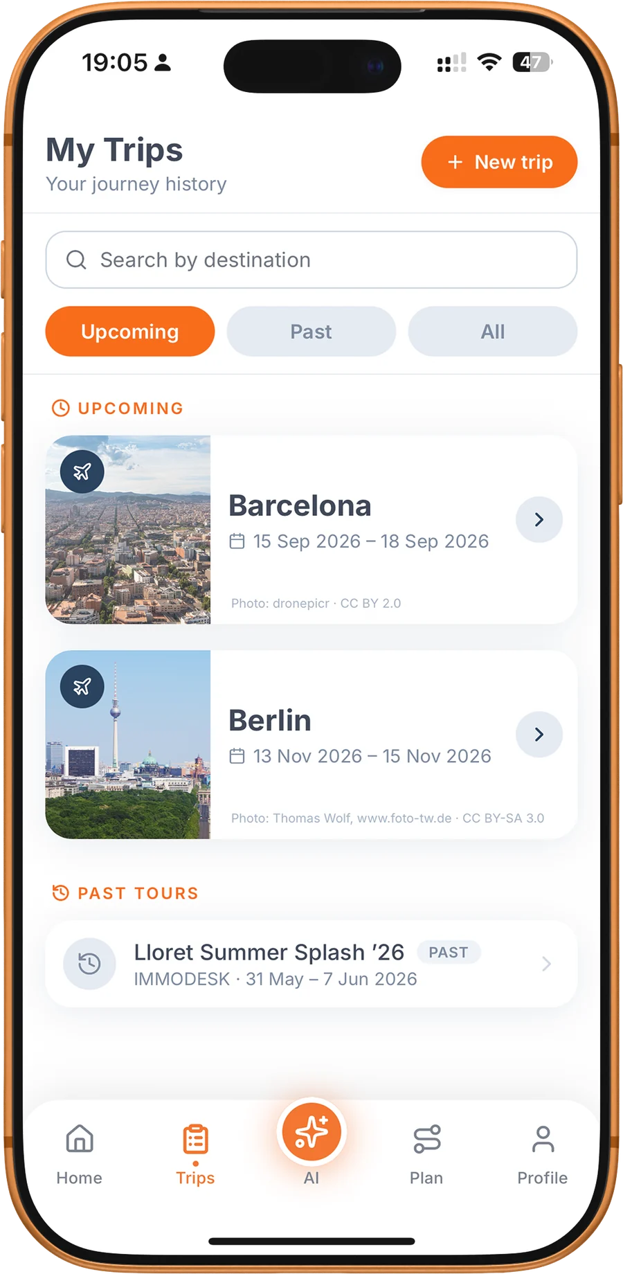 My Trips: upcoming Barcelona and Berlin, past tours