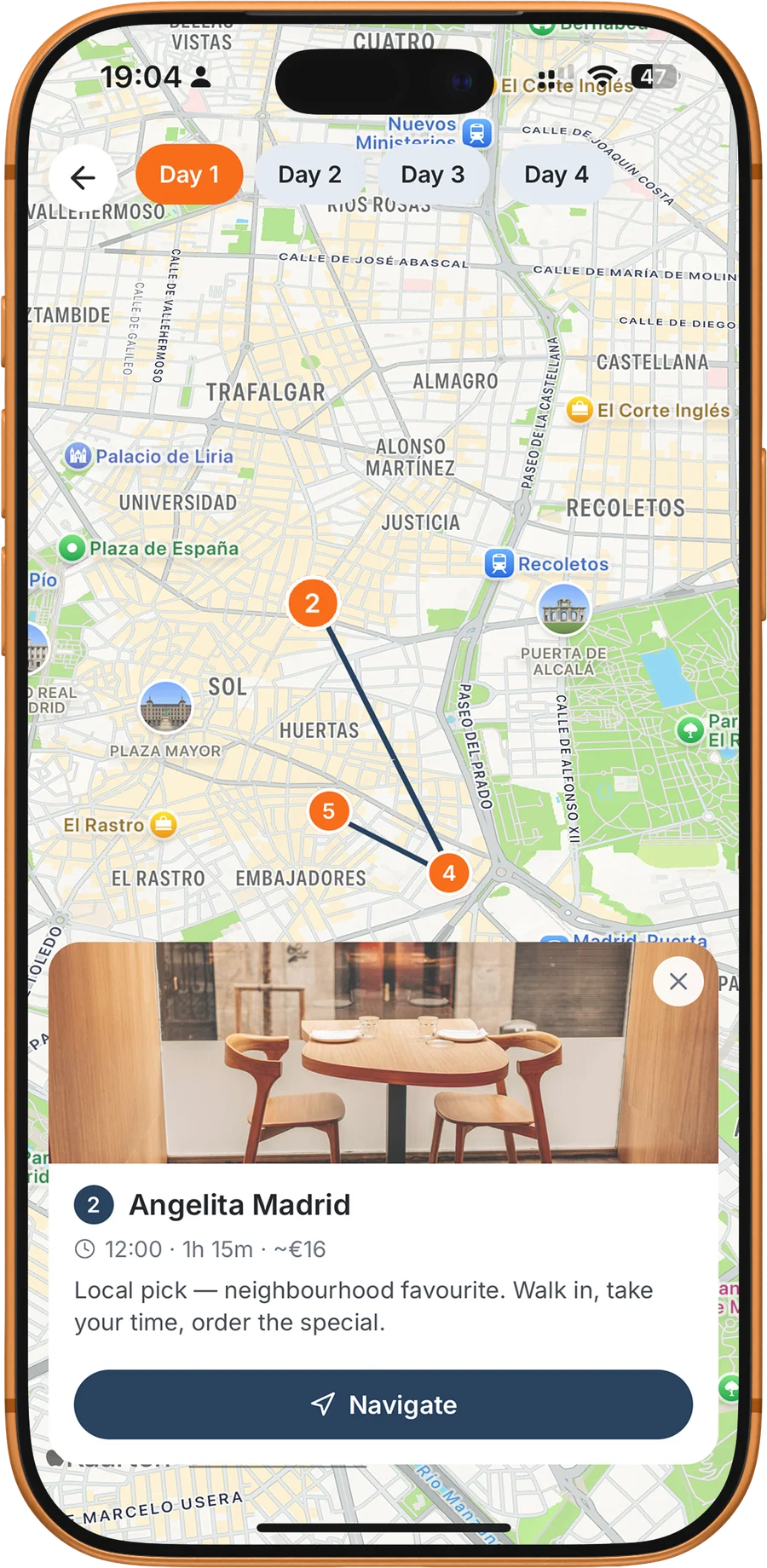 The day route on a map with numbered stops and a Navigate button