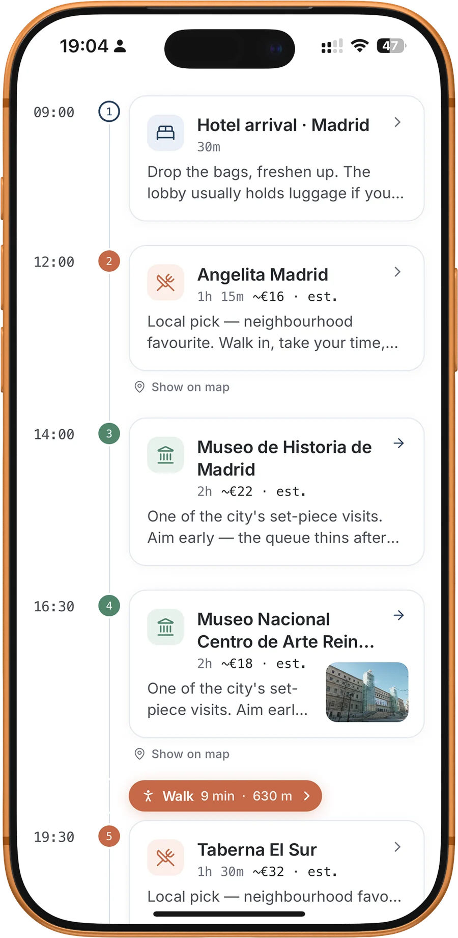 Day 1 in Madrid: timed stops with the walk between them