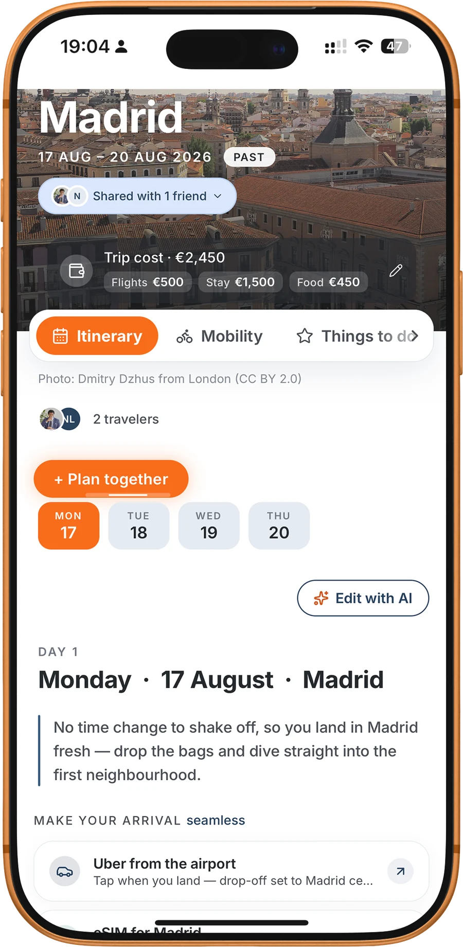 A Madrid trip: dates, trip cost, Plan together, the day picker and day 1 in the app