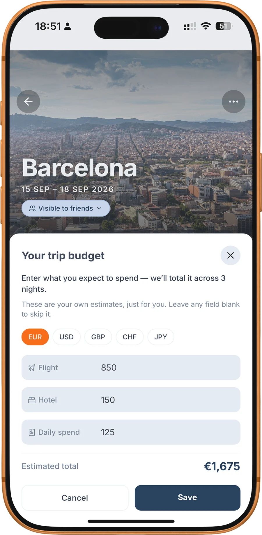 The trip budget sheet with flights, hotel and daily spend