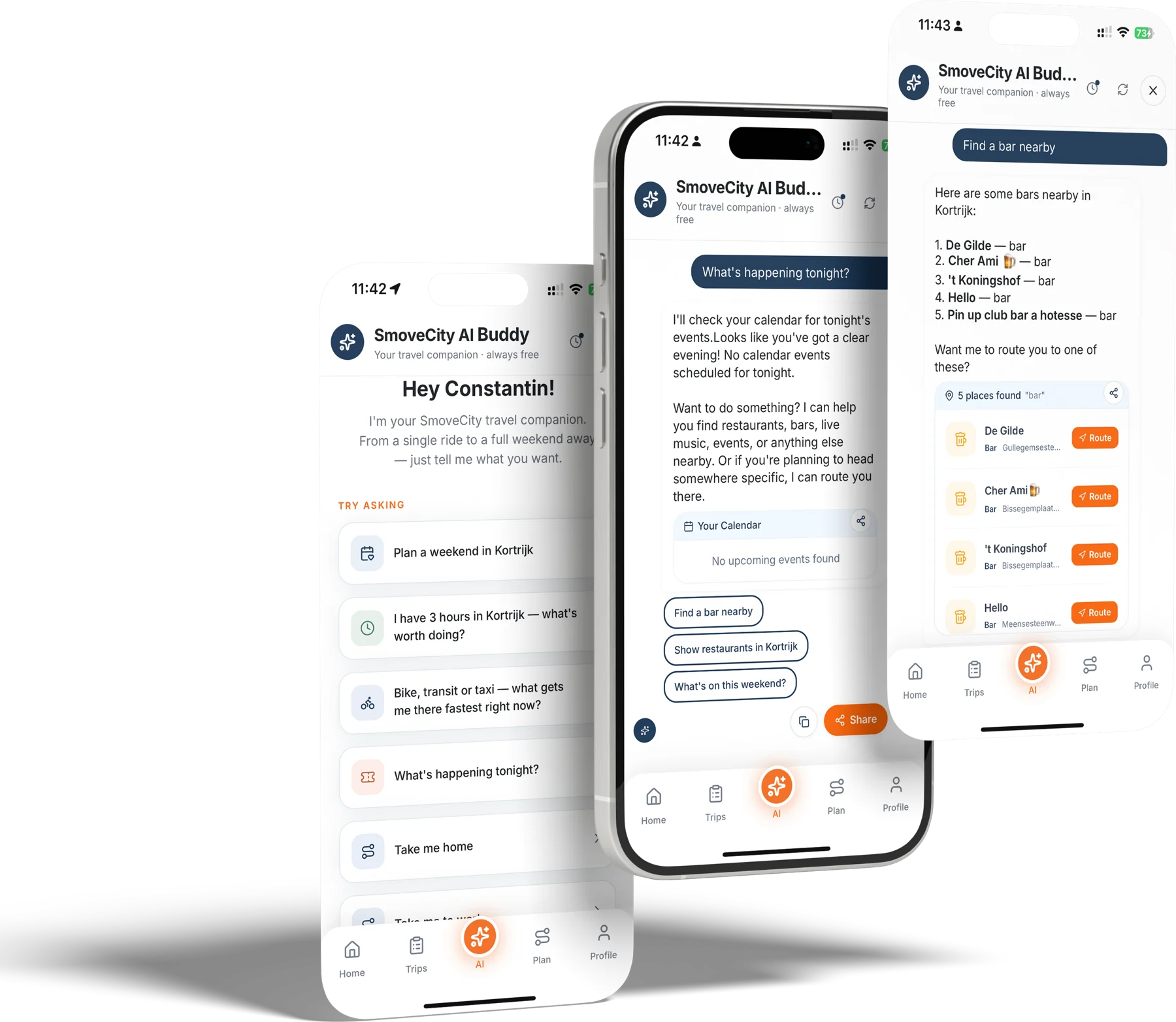 Three phones with the SMOVECITY AI Buddy: the welcome screen with suggested questions, an answer about tonight, and five bars found nearby with a Route button on each