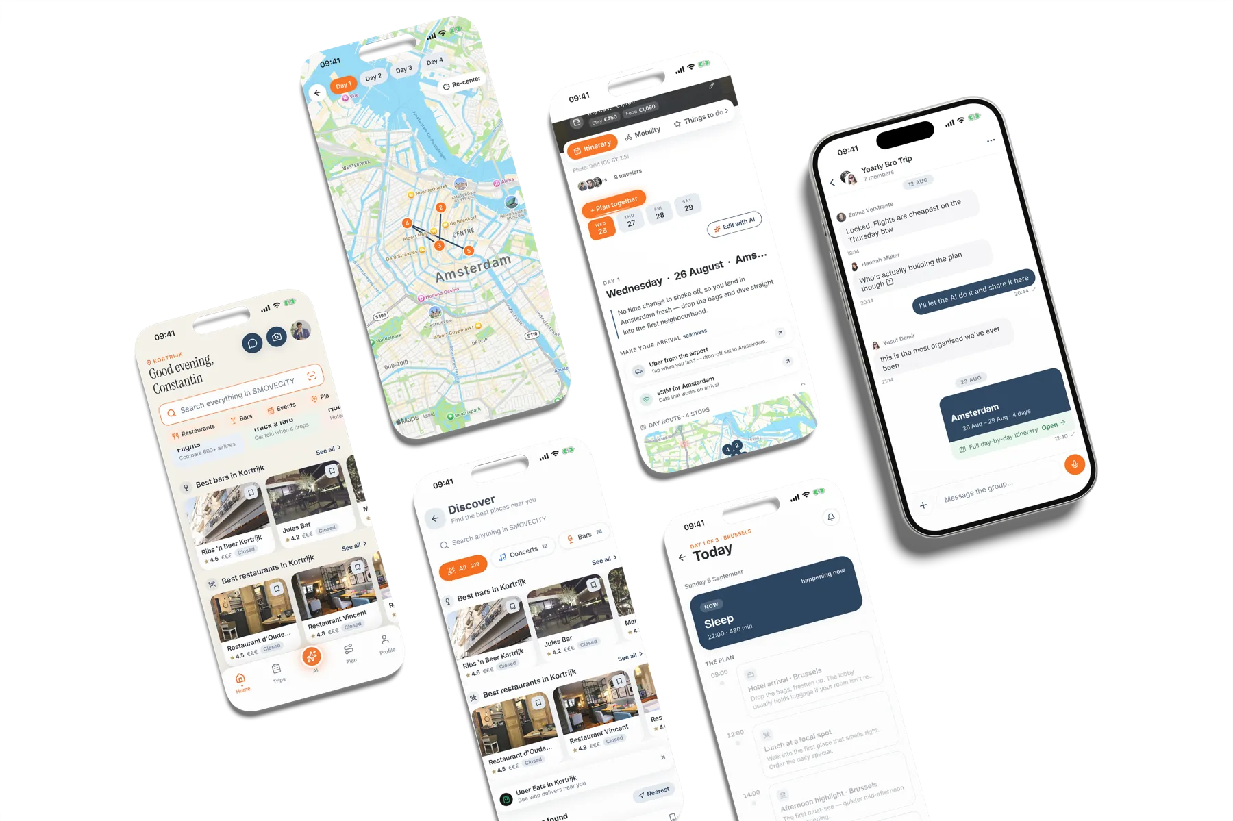 Seis ecrãs da app dispostos à volta do mapa de uma cidade: bares, restaurantes, eventos e o percurso do dia