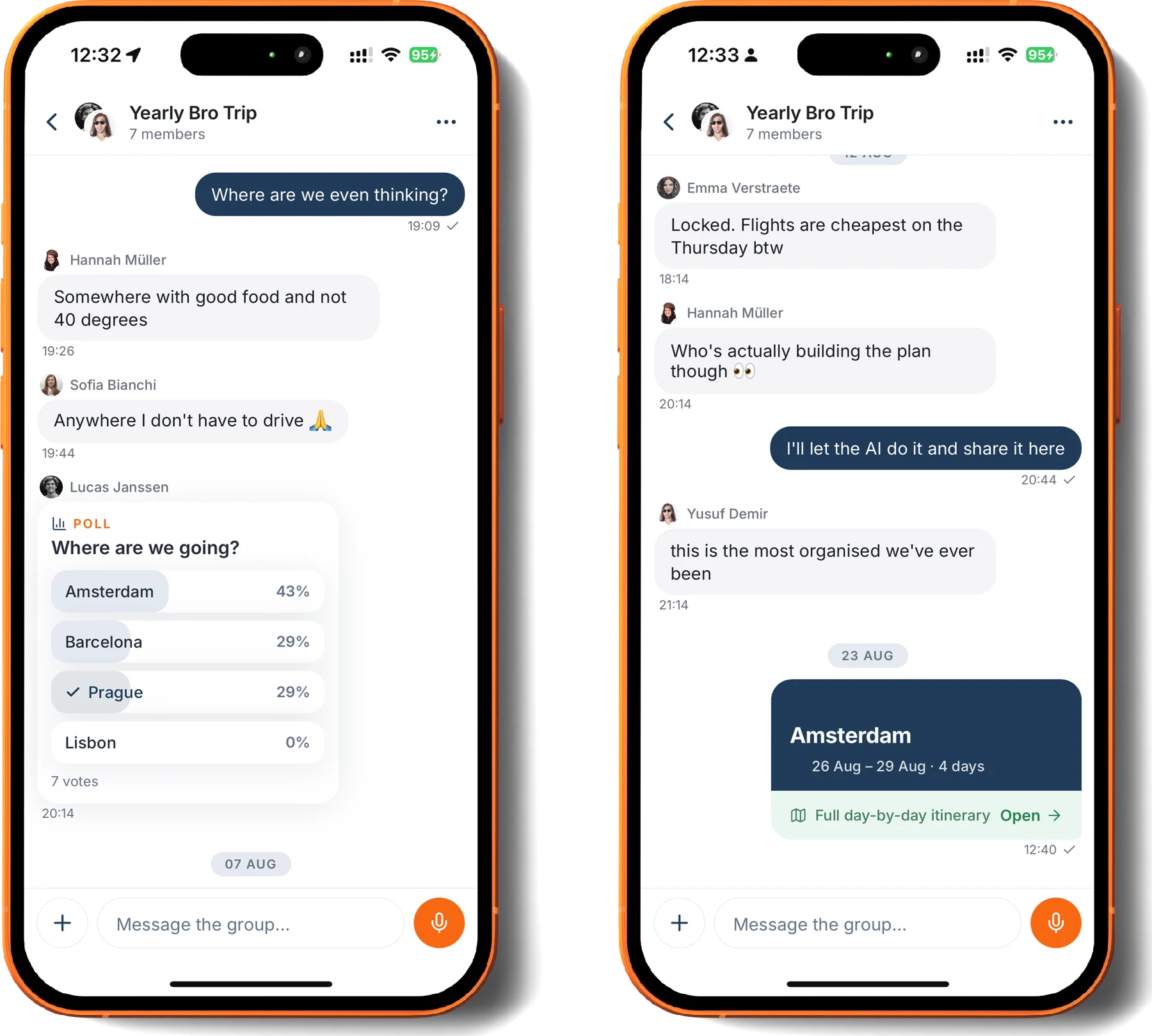 Two phones with the Yearly Bro Trip group chat: a poll on where to go, and the finished Amsterdam itinerary shared back into the chat