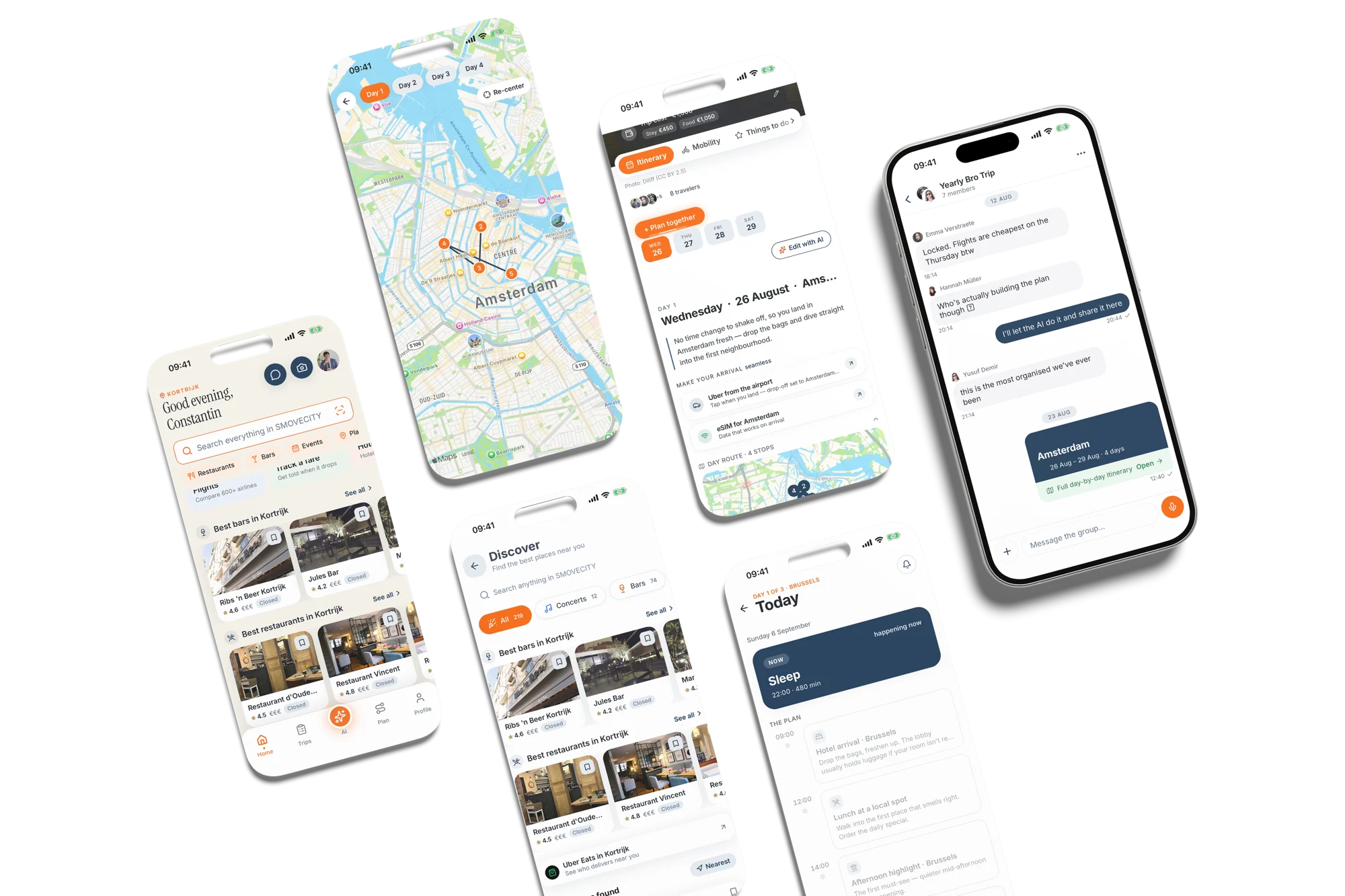 Six phones fanned out: the Amsterdam day map, the itinerary, the group chat, Home, Discover and the Today view