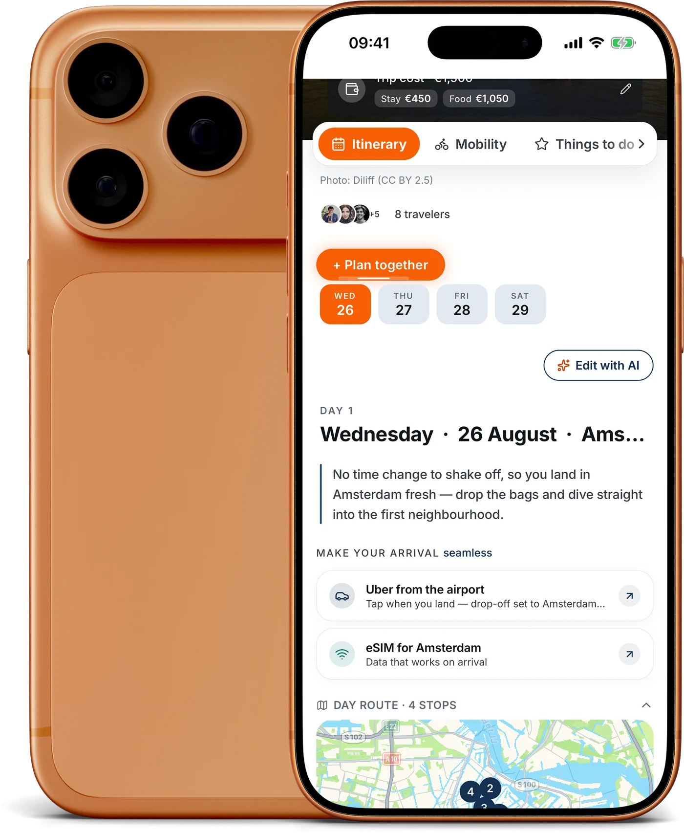 The SMOVECITY app on an orange iPhone showing a four-day Amsterdam itinerary