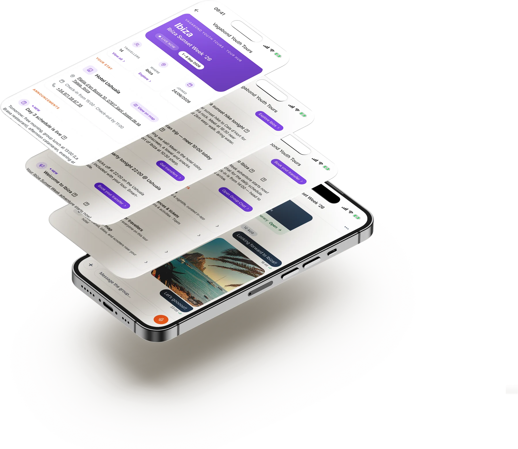 Three stacked app screens from a tour hub: the Ibiza Sunset Week overview with the hotel and announcements, the schedule with transfers, and the tour group chat