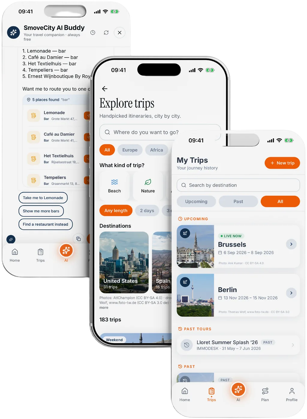 Three phones: the AI Buddy, Explore trips and My Trips