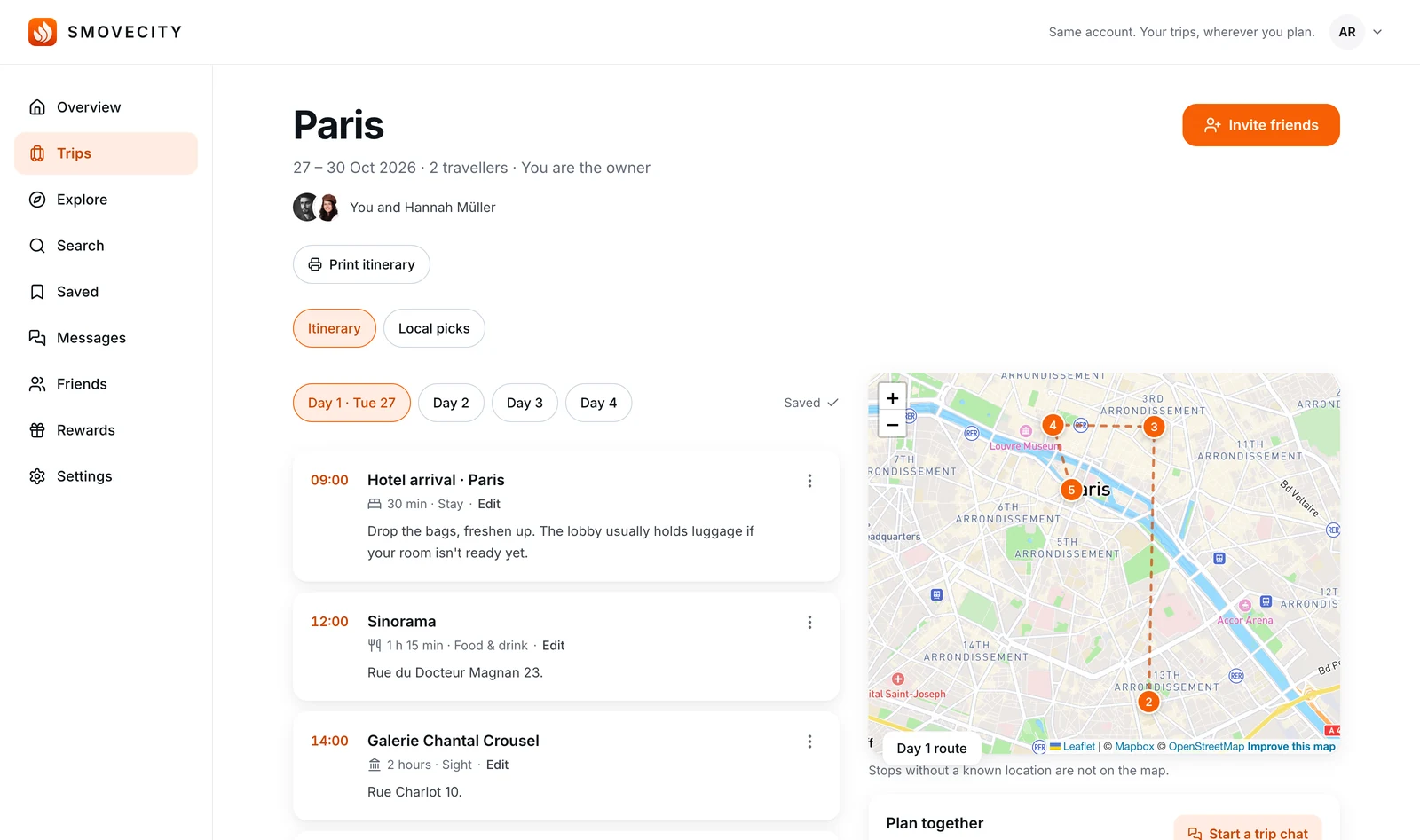 The SMOVECITY web app on a desktop screen: a Paris trip, day 1 of the itinerary next to a map of the route