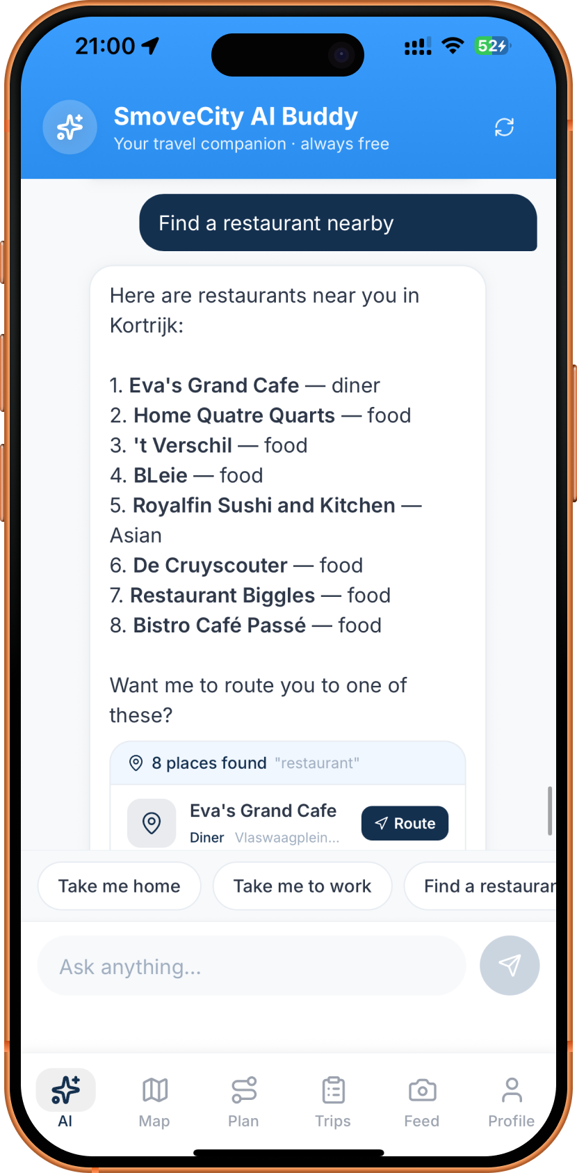 SmoveCity AI Buddy chat answering &lsquo;Find a restaurant nearby&rsquo; with eight Kortrijk venues