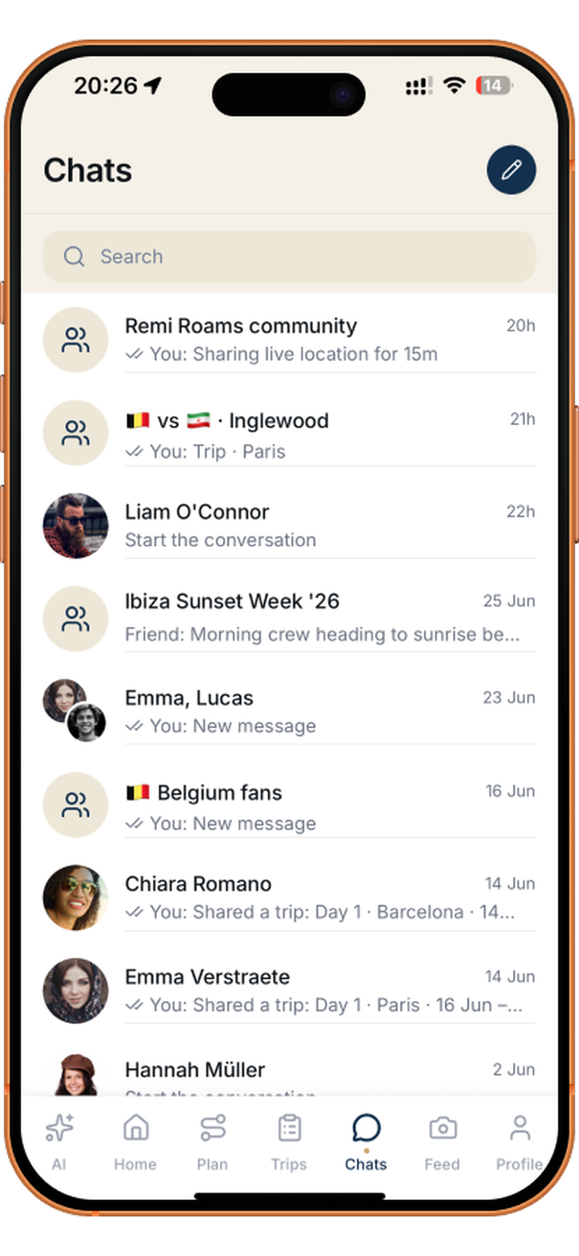 Chats inbox with trip groups and friends, including Ibiza Sunset Week and Belgium fans