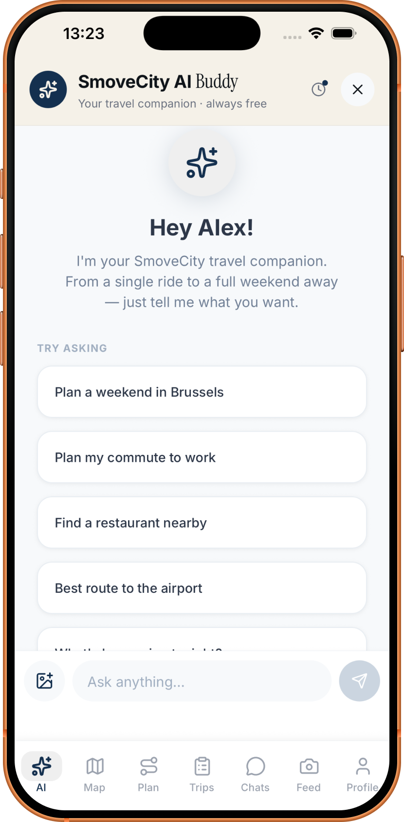 SmoveCity AI Buddy greeting Alex with quick prompts to plan a weekend in Brussels, find a nearby restaurant, or pick the best route to the airport