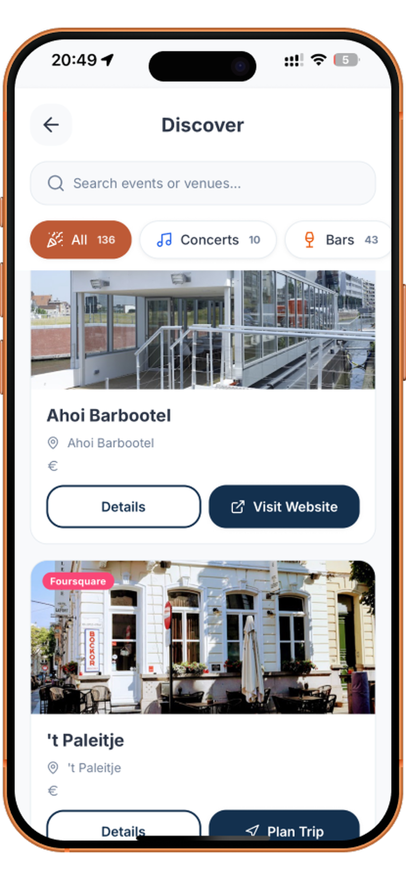 Discover screen with hand-picked local bars, restaurants and events to explore while you are there