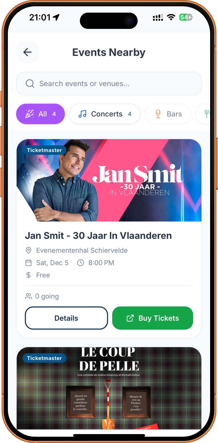 Events Nearby screen with Jan Smit and Le Coup de Pelle, Ticketmaster integration